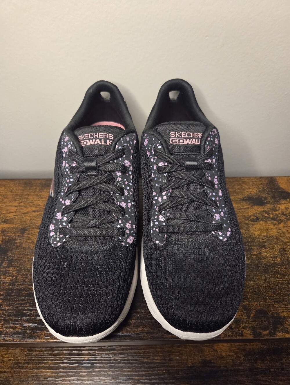 Skechers GO Walk Black Sneakers with Pink Floral Trim